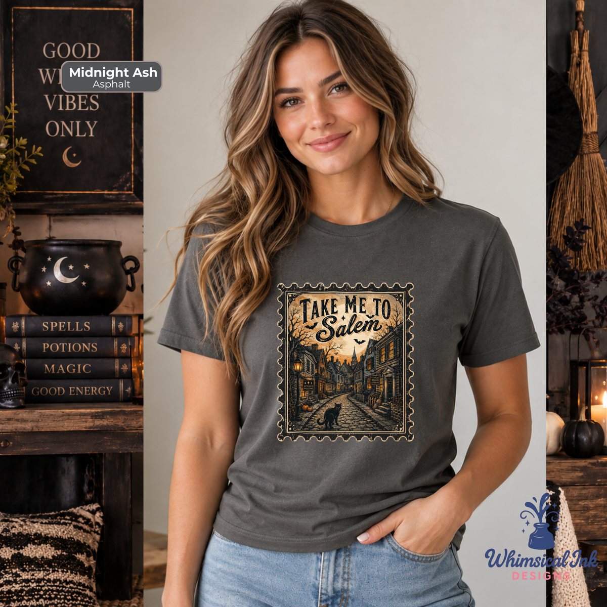 A woman wearing a Midnight Ash brand charcoal gray graphic t-shirt with a vintage Salem witch hunt illustration. The shirt features the text 'TAKE ME TO Salem' in a decorative frame.