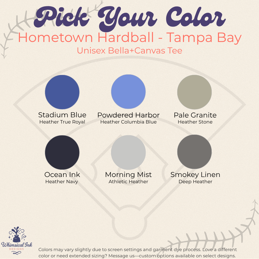 Color swatch chart for 'Hometown Hardball - Tampa Bay' Bella+Canvas Tee with color names and swatches