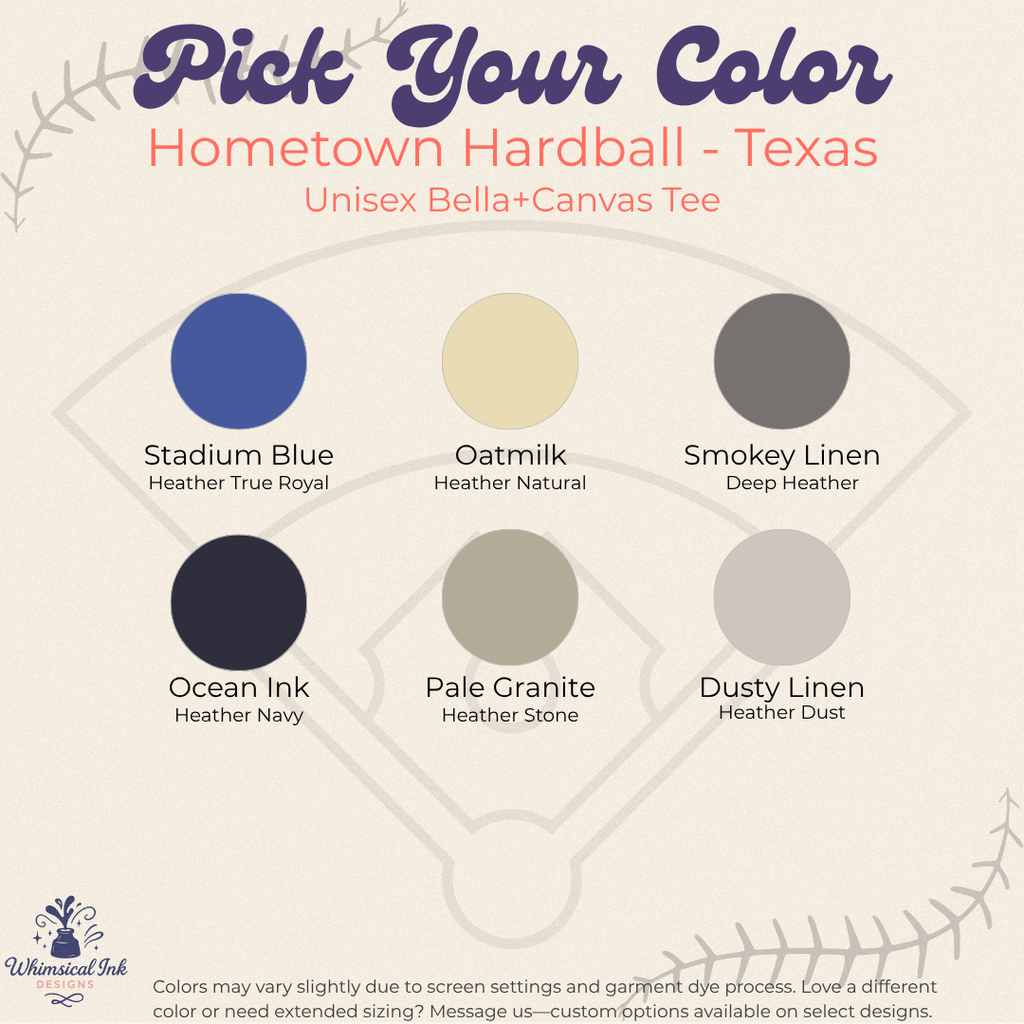 Color swatch chart for Hometown Hardball Bella+Canvas Tee with color names and codes.