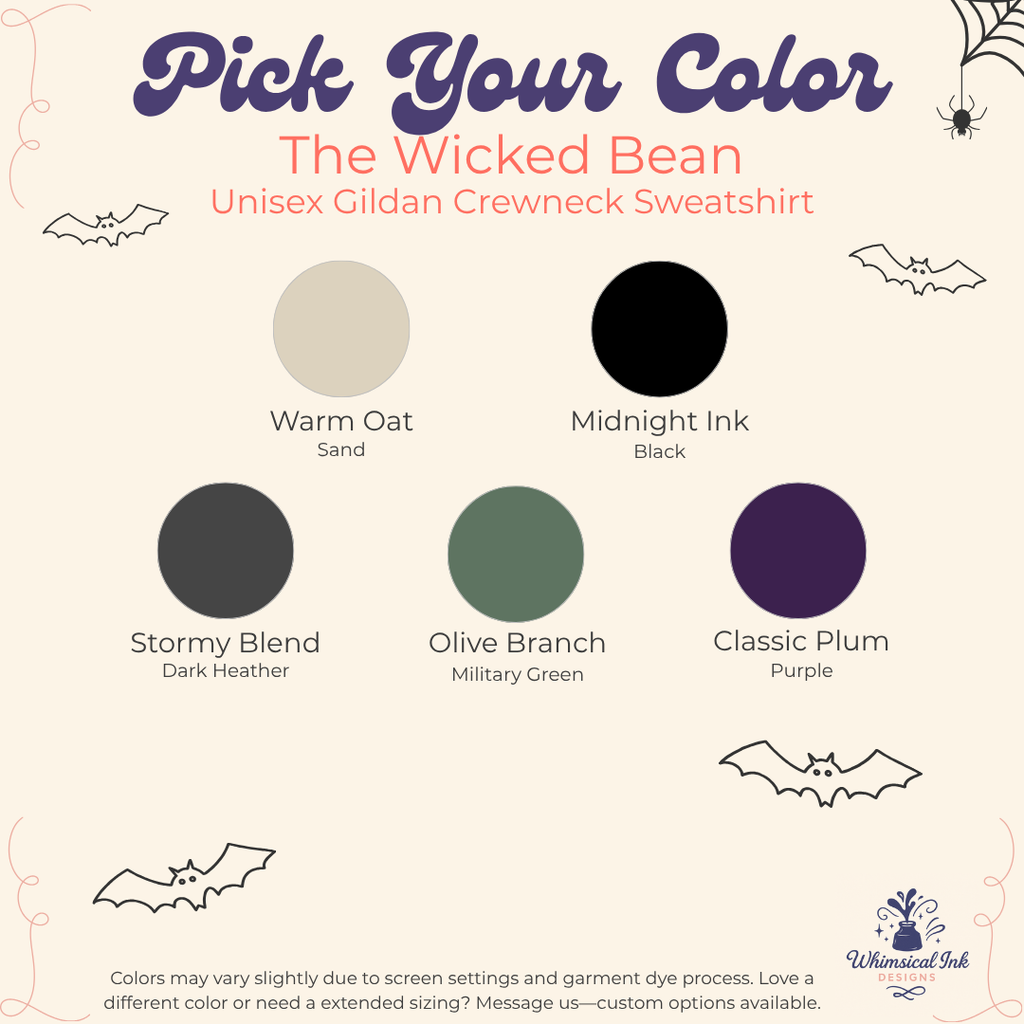 A color selection graphic for 'The Wicked Bean' unisex Gildan crewneck sweatshirt. The graphic features six circular color swatches labeled 'Warm Oat' (Beige), 'Midnight Ink' (Black), 'Stormy Blend' (Dark Heather/Gray), 'Olive Branch' (Military Green), and 'Classic Plum' (Purple), with corresponding text labels on a cream-colored background decorated with Halloween-themed doodles.