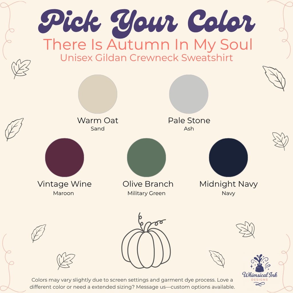 A color selection graphic for a unisex gildan crewneck sweatshirt. The graphic features six circular color swatches labeled 'Warm Oat Sand', 'Pale Stone Ash', 'Vintage Wine Maroon', 'Olive Branch Military Green', and 'Midnight Navy Navy' with autumn-themed illustrations like leaves and a pumpkin on a cream background.