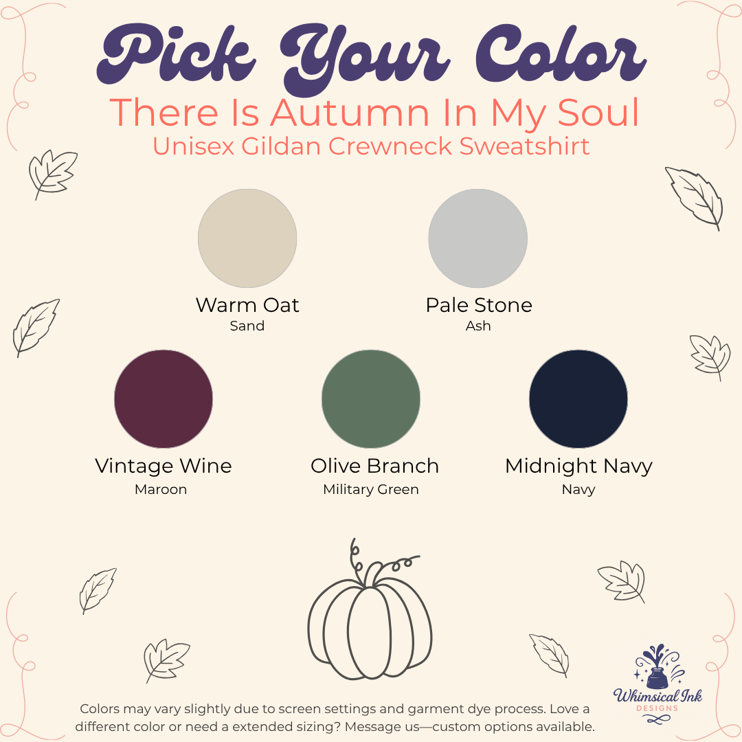 A color selection graphic for a unisex gildan crewneck sweatshirt. The graphic features six circular color swatches labeled 'Warm Oat Sand', 'Pale Stone Ash', 'Vintage Wine Maroon', 'Olive Branch Military Green', and 'Midnight Navy Navy' with autumn-themed illustrations like leaves and a pumpkin on a cream background.