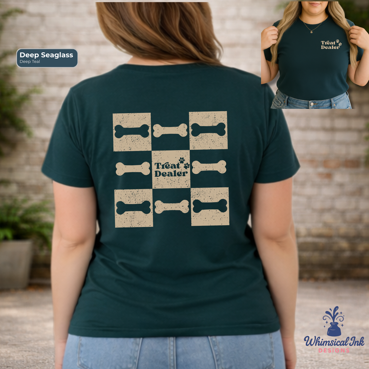Person wearing a dark green t-shirt with a 'Treats Dealer' design, standing against a brick wall.