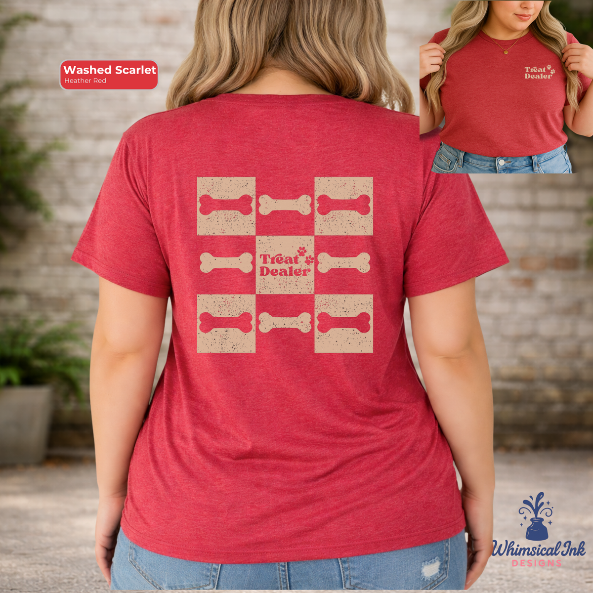 Red t-shirt with 'Treat Dealer' design on the back, worn by a person outdoors.
