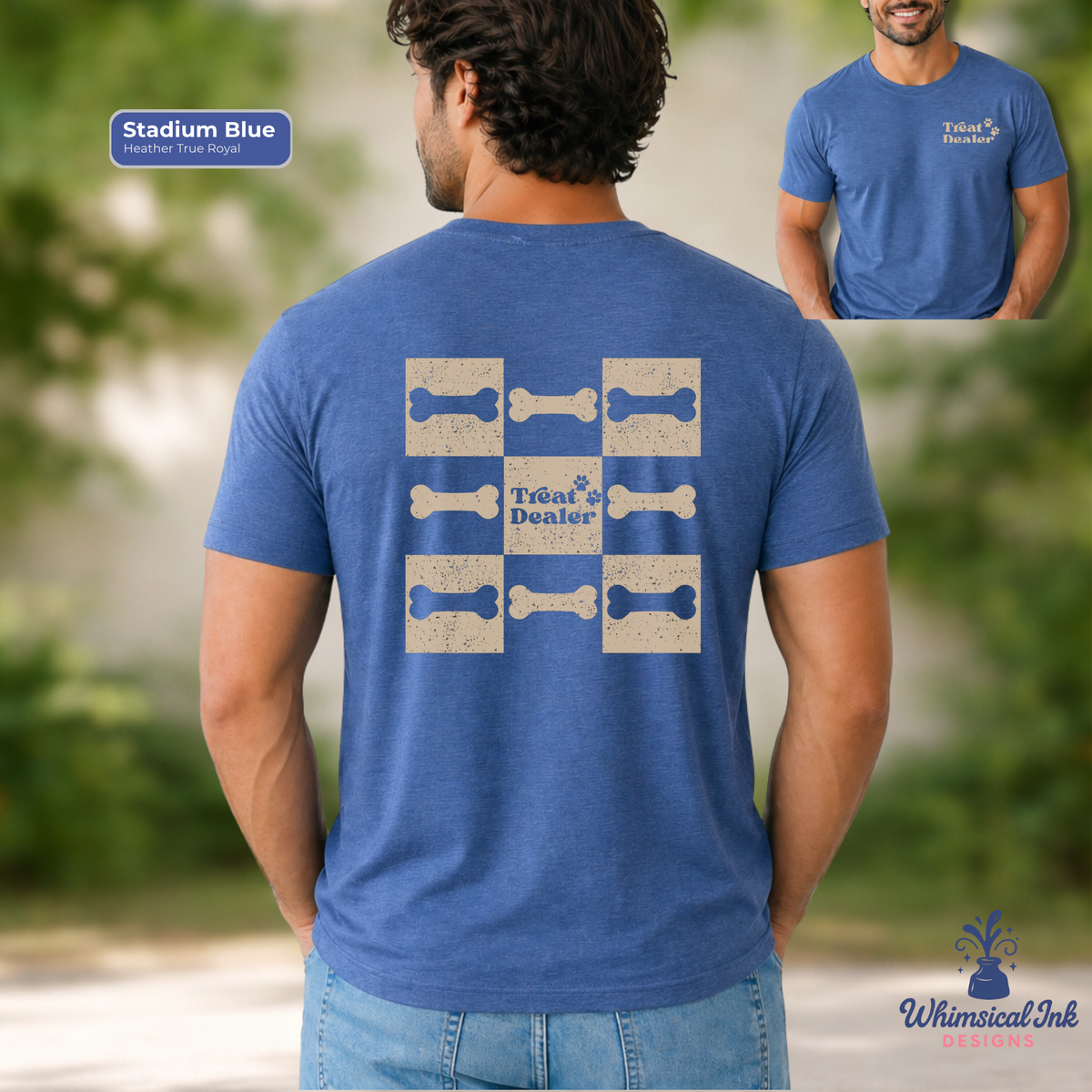 Blue t-shirt with 'Treat Dealer' design on the back, worn by a person outdoors.