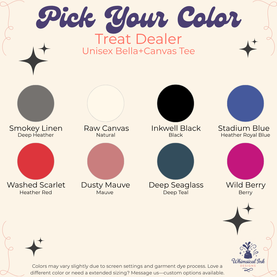Color swatch chart for a Bella+Canvas tee with various color options.