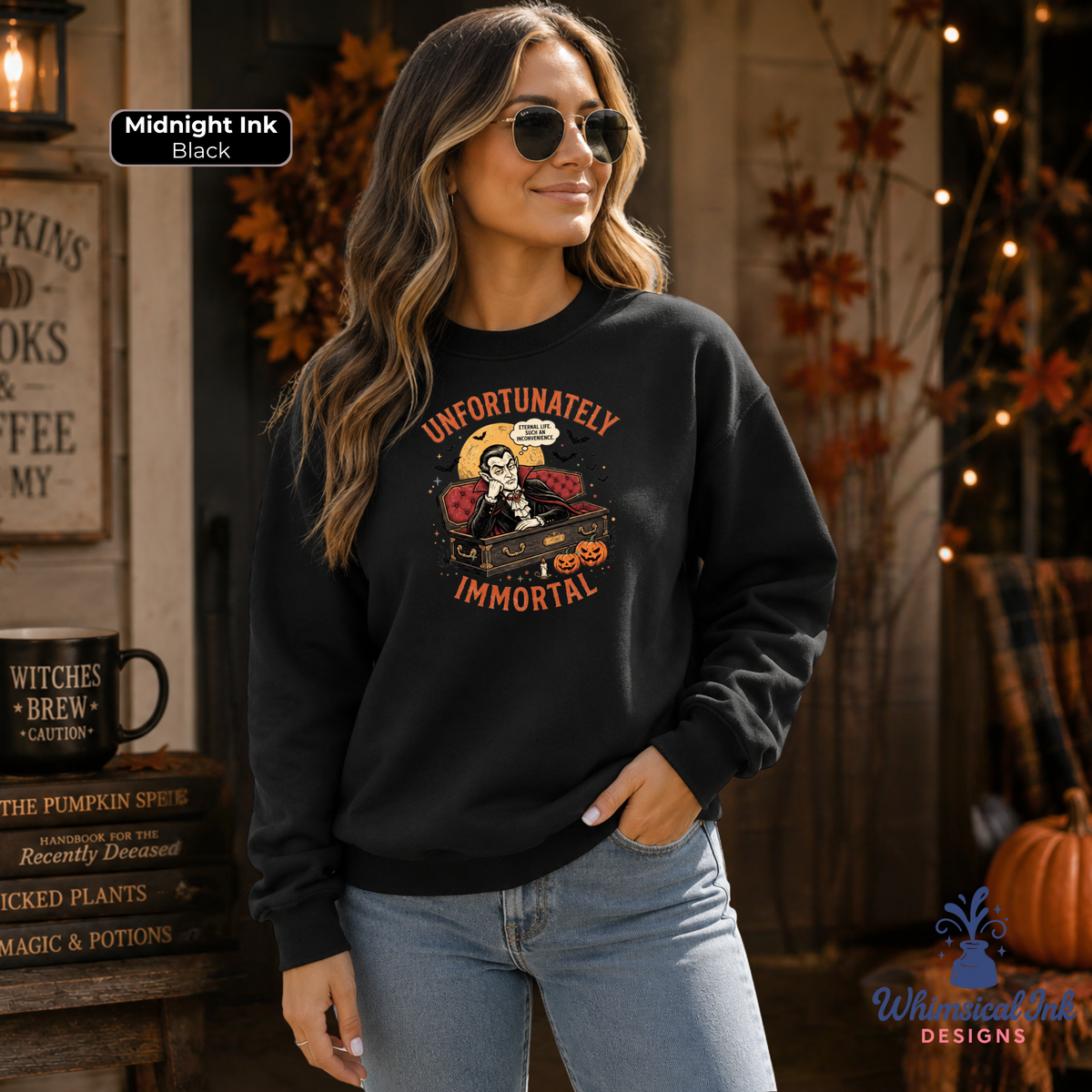Unfortunately Immortal Halloween Vampire Sweatshirt | Funny Gothic Crewneck Sweatshirt