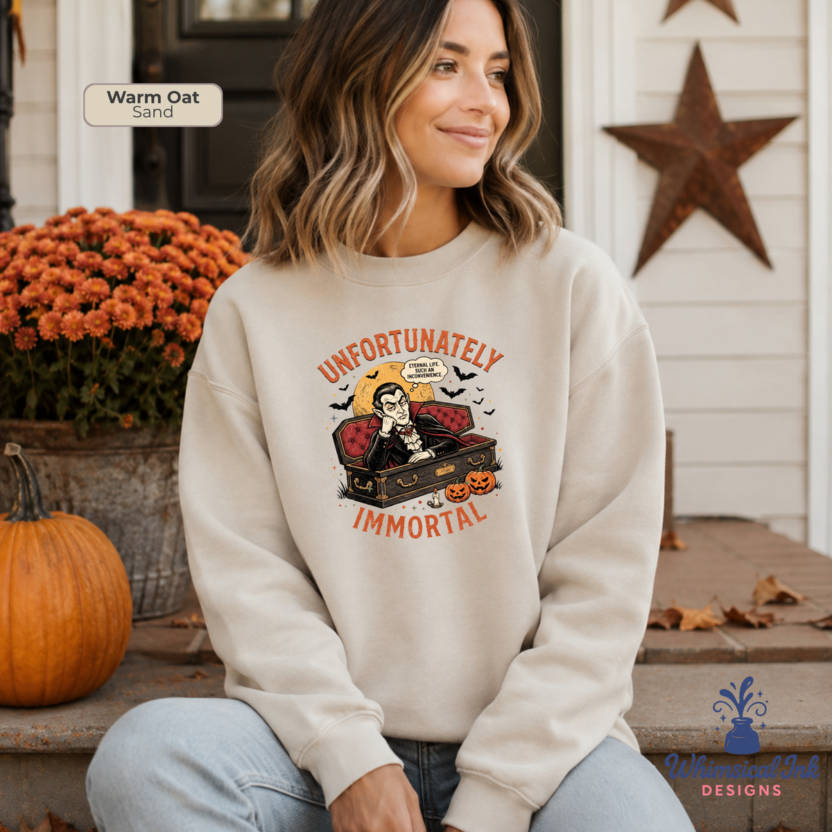 Unfortunately Immortal Halloween Vampire Sweatshirt | Funny Gothic Crewneck Sweatshirt